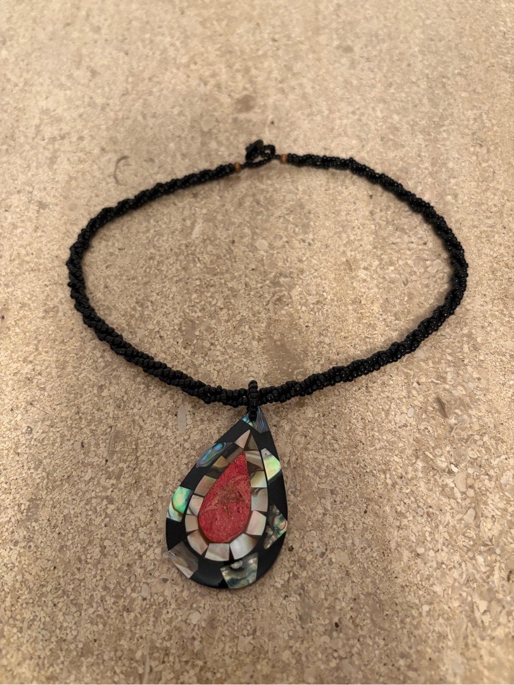 Handmade Black Beaded Necklace with Red Teardrop Inlay Pendant